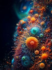 Obraz premium Close up, microscopic view of corals, fantasy sea moss plants, cell creatures, alien looking, vibrant colours