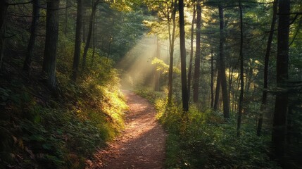 Fototapeta premium A narrow hiking trail through a dense forest with sunlight filtering through the trees
