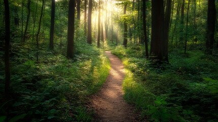 Fototapeta premium A narrow hiking trail through a dense forest with sunlight filtering through the trees