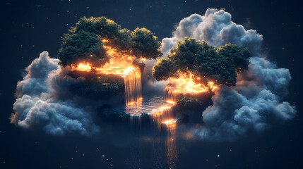 Fototapeta premium Surreal night scene of glowing trees and waterfall on a cloud island.