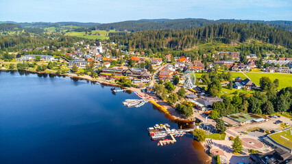 Aerial drone landscape of Lake Titisee in the Black Forest, Germany