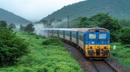 Obraz premium Scenic Railway Journey Through Misty Mountains Green Landscape