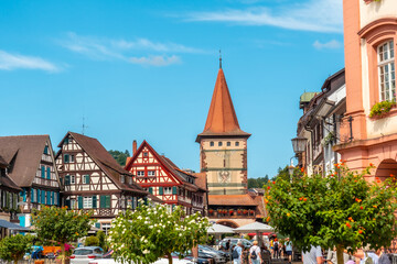 Fototapeta premium The Obertorturm tower on Victor-Kretz-Straße in the old town of Gengenbach in the Black Forest, Germany