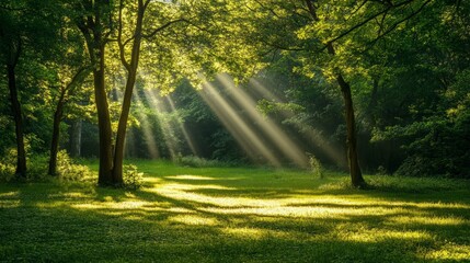 Fototapeta premium A peaceful forest glade with sunlight breaking through tall trees