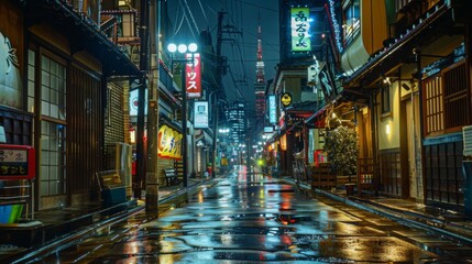 Obraz premium A rainy, neon-lit city street at night with reflections on the wet pavement, showcasing vibrant signs and a futuristic atmosphere