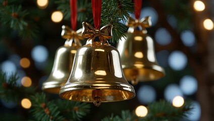 Shiny Christmas bells hanging on a tree.