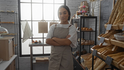 Fototapeta premium Attractive young hispanic woman with brunette hair stands with arms crossed in a cozy indoor bakery room filled with fresh bread and pastries, showcasing a charming shop interior.