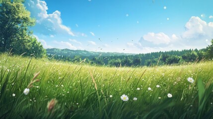 Fototapeta premium A peaceful meadow with tall grass swaying in the wind, a few wildflowers scattered throughout, and a distant forest under a bright blue sky