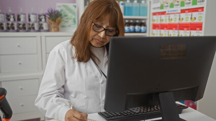 An elderly hispanic woman in a pharmacy wearing a white lab coat and glasses, focused on paperwork at a desk with a computer monitor.