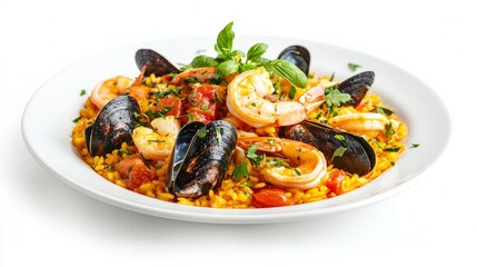 A vibrant seafood paella featuring shrimp, mussels, and fresh herbs on a bed of saffron-infused rice.
