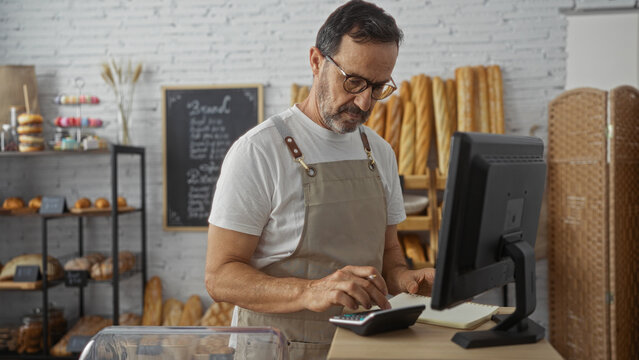 Hispanic man calculating expenses in a bakery using a calculator and notebook, surrounded by bread and pastries in a cozy indoor shop setting. - Powered by Adobe