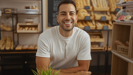 Young man with a beard smiling in a bakery surrounded by displays of bread and pastries indoors.