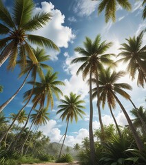 Obraz premium Coconut palms and trees stretching towards the sky on a sunny day with a few clouds, sky, outdoor, coconut
