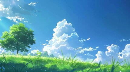Fototapeta premium A serene meadow with tall grass, wildflowers, and trees under a bright blue sky with fluffy clouds and birds flying