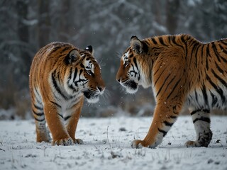 Naklejka premium Siberian tigers playing in frosty surroundings.