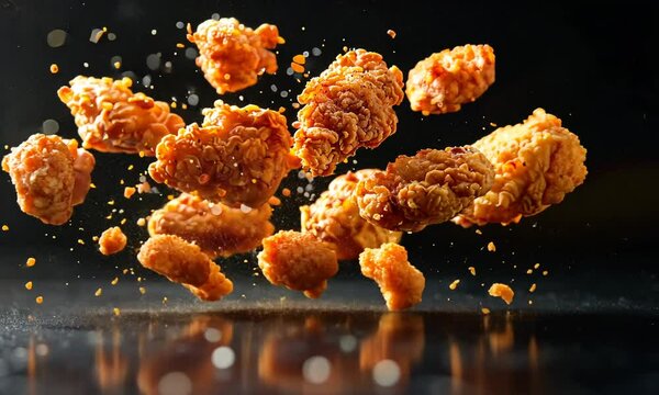 Crispy fried chicken pieces falling to a dark surface.