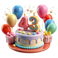 3D 43rd Birthday Celebration with Cake and Balloons
