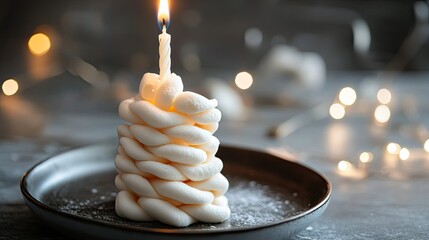 A stack of twisted marshmallows on a plate with a lit birthday candle on top, celebrating sweetness.