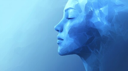 Obraz premium Serene Blue Crystal Face: Abstract Portrait - Abstract portrait of a woman's face, formed from blue crystal shards, symbolizing serenity, mystery, transformation, inner peace, and digital art.