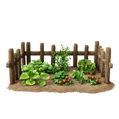 Vegetable garden with wooden fence featuring fresh greens and ripe tomatoes isolated on white...