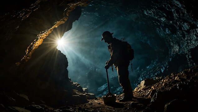 Silhouette of a gold miner in a cave.