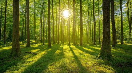 Obraz premium A quiet, winding forest path surrounded by tall trees and soft sunlight