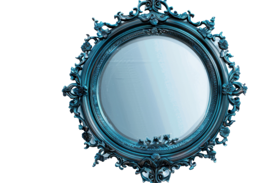 Ornate vintage mirror with intricate detailing and a vibrant blue finish set against a plain backdrop