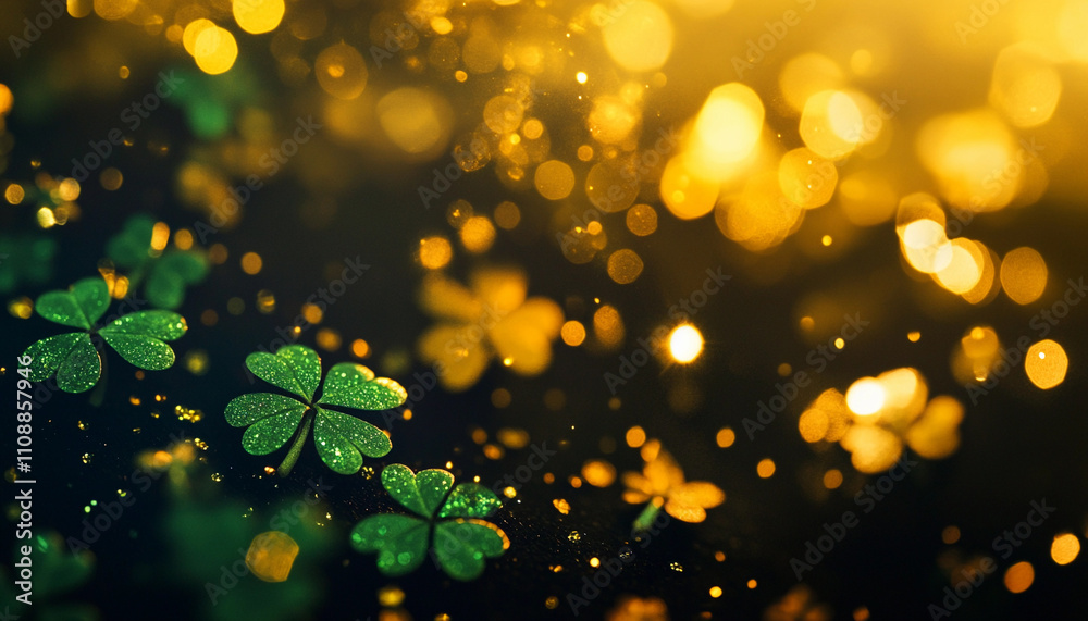 Poster sparkling green clovers with golden bokeh in a vibrant background