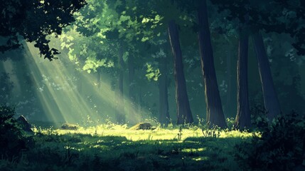 Obraz premium A quiet, winding forest path surrounded by tall trees and soft sunlight