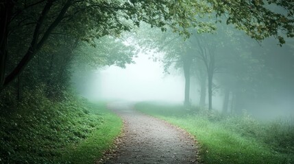 Obraz premium A quiet, winding forest path surrounded by tall trees and soft sunlight