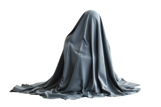 Mysterious figure draped in smooth gray fabric against a white backdrop in a minimalist setting