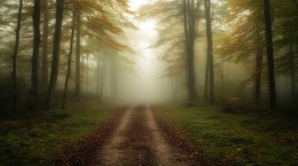 Obraz premium A quiet, winding forest path surrounded by tall trees and soft sunlight