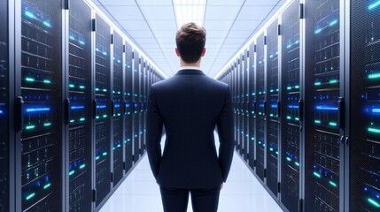 Fototapeta premium Data Center Server Room Businessman in Tech Infrastructure