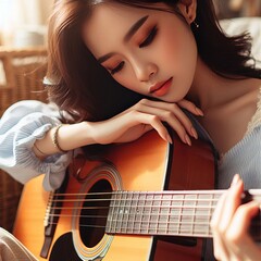 24 A musician fingers caressing the strings of a guitar lost in