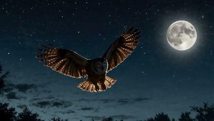 Obraz premium Silhouetted owl flying in the moonlit sky.