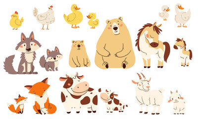 Fototapeta premium A set of flat vector illustrations in a simple children's style. Cute animals and their cubs. Bear wolf fox cow goat horse duck chicken goose. . Vector illustration