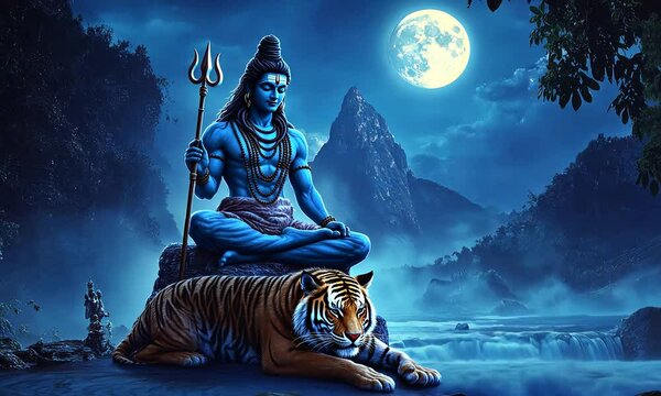 Hindu god Shiva meditating on a tiger in a mystical landscape under the full moon.