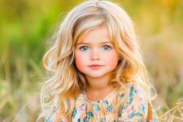 Fototapeta premium Young Girl With Blonde Hair and Blue Eyes Sitting in a Field of Tall Grass on a Sunny Day, Wearing a Floral Dress, Exudes Innocence and Charm With Her Captivating Gaze