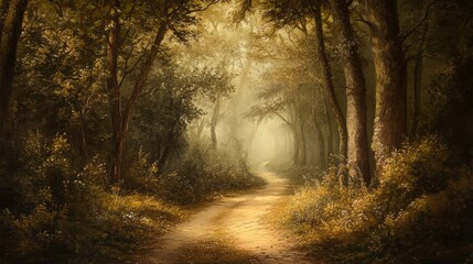 Obraz premium A quiet, winding forest path surrounded by tall trees and soft sunlight