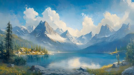 View of the river and snow-capped mountains