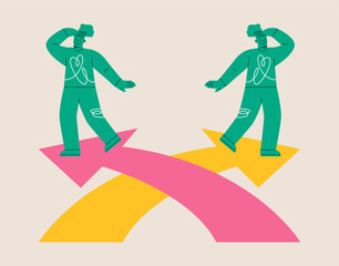 Fototapeta premium Woman standing at the top of the arrow to look farther. Choice concept. Colorful vector illustration