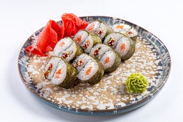 Korean Kimbap and Bibimbap on a Plate Against a White Background