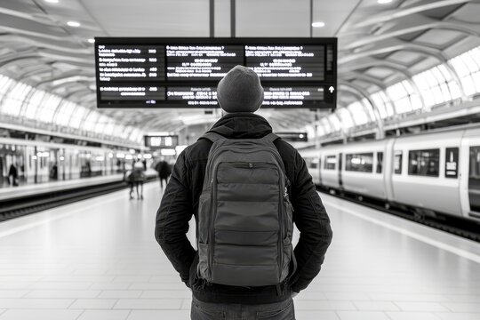 Traveler at Departure Board - A lone traveler gazes at a departure board in a bustling train station, symbolizing journey, anticipation, travel, exploration, and departure.