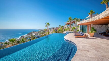 Fototapeta premium Luxury villa on the cliffs, dramatic ocean view, infinity pool, modern design,