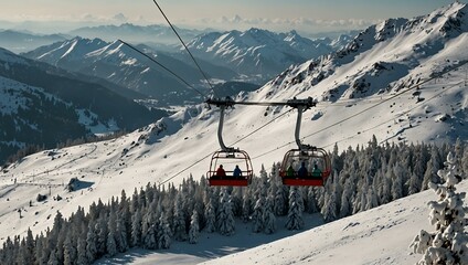 Fototapeta premium Ski lift on a highland alpine mountain in winter.