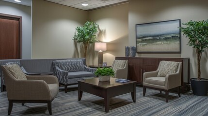 A modern waiting area featuring comfortable seating, plants, and artwork, designed for relaxation.