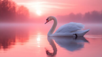 Obraz premium Graceful swan swimming in pink water reflecting sunrise light