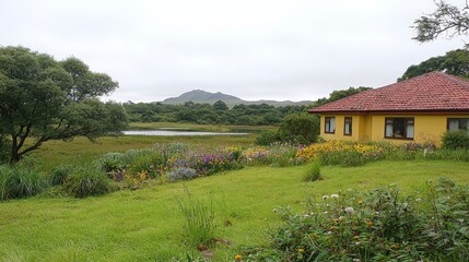 Obraz premium Yellow Cottage Hillside Garden Lake View Rural Landscape