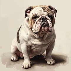 Isolated vintage-style rendering of an English bulldog sitting patiently, with its wrinkled face and droopy expression
