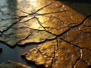 Fototapeta premium Cracked golden ground reflecting sunlight with water between the pieces